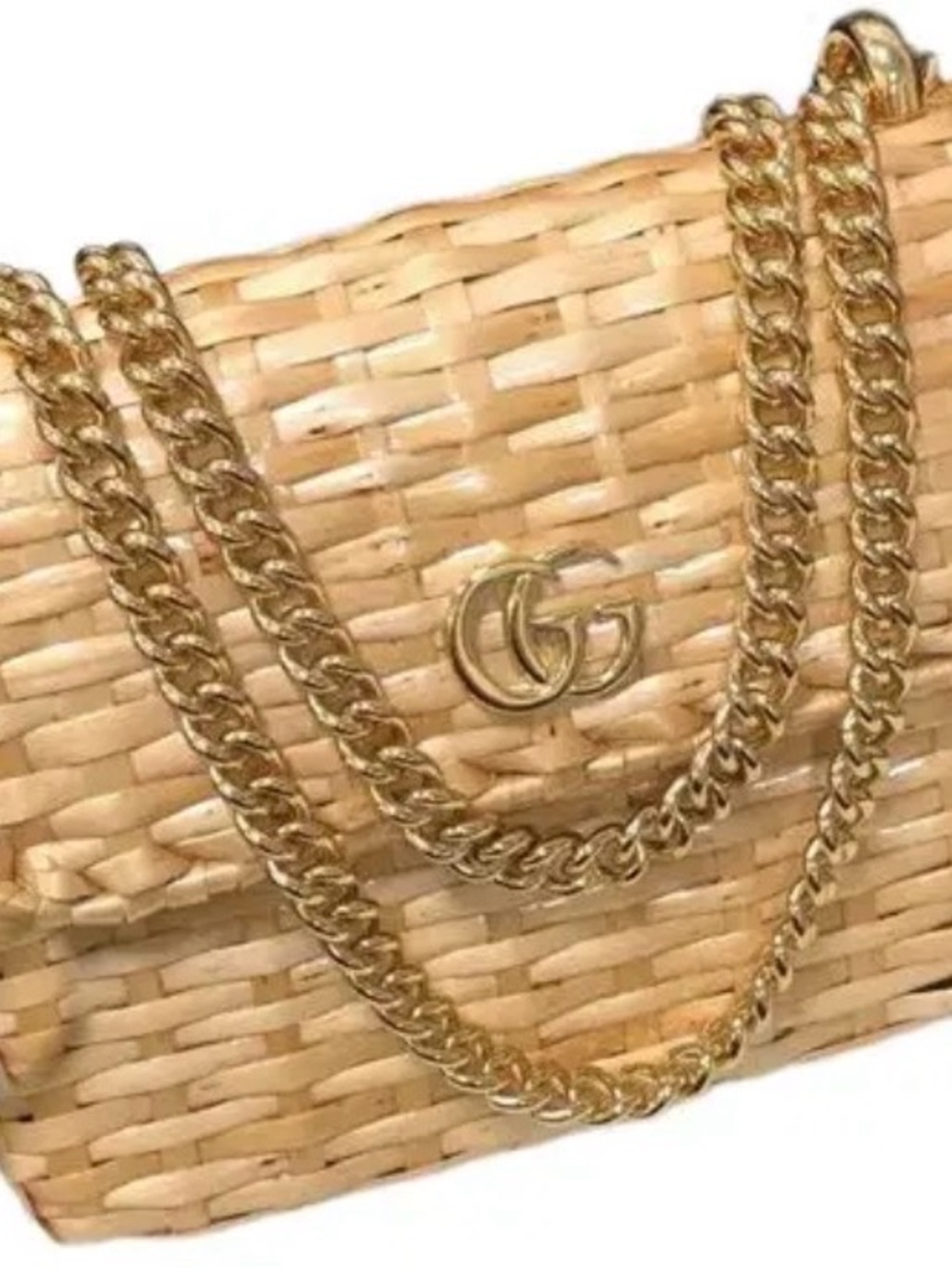Gucci Natural Straw Crossbody Bag with Gold Chain